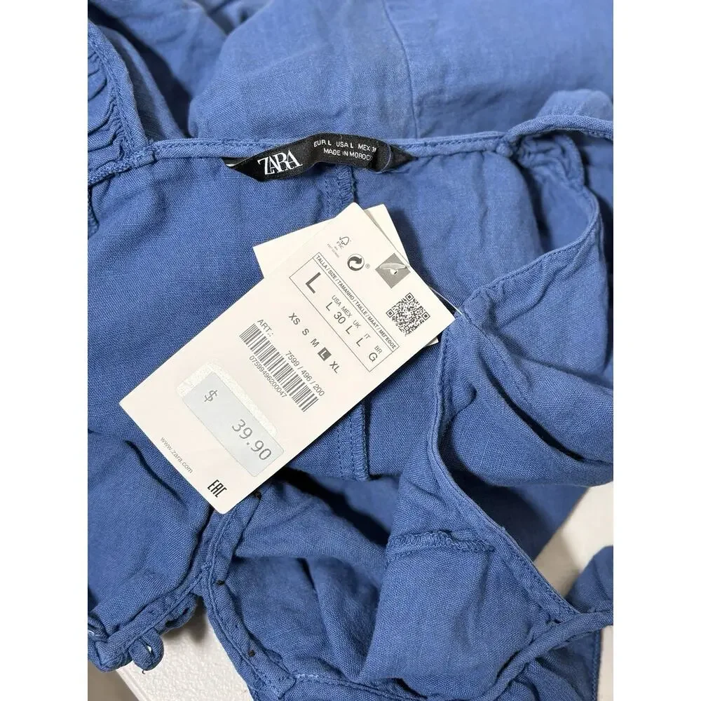 ZARA JUMPSUIT Woman BLUE RUSTIC Sleeveless Short Linen V Neck Size L NWT‎